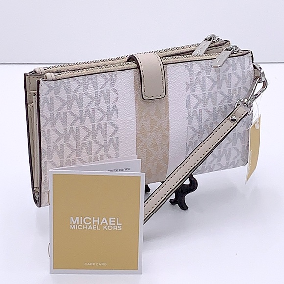 MICHAEL KORS LARGE DOUBLE ZIP WRISTLET WALLET LIGHT SAND/ WHITE MULTI CO… - Picture 2 of 15